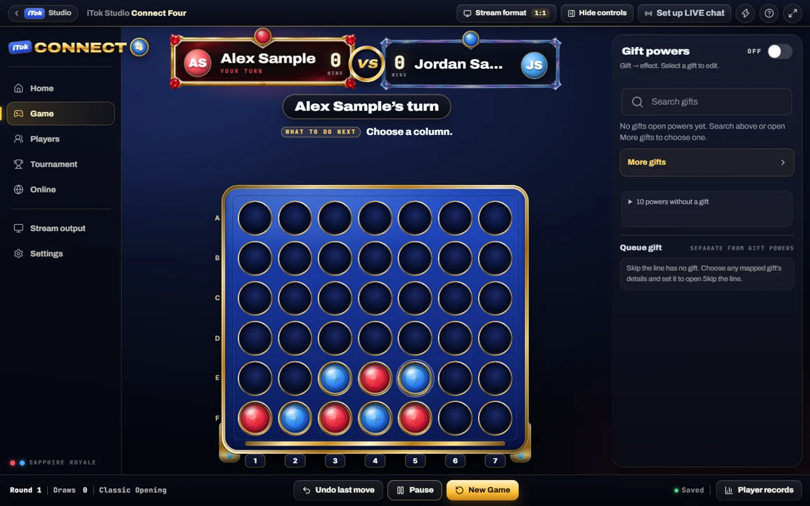 iTok Connect Four board with example players and game controls
